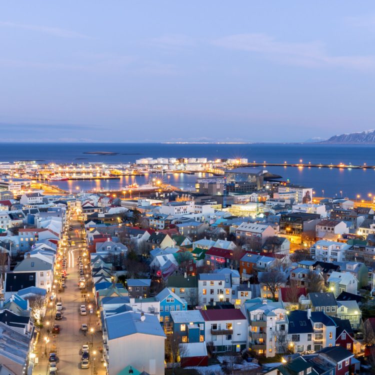 Reykjavik skyline at dawn in Iceland.